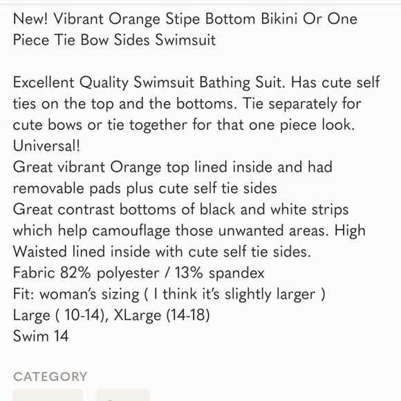 New! Vibrant Orange Stipe Bottom Bikini Or One Piece Tie Bow Sides Swimsuit - Picture 8 of 8